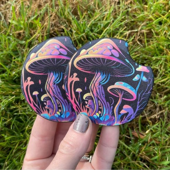 Trippy Rainbow Mushroom Car Coaster Set | Car Accessories - Picture 3 of 10
